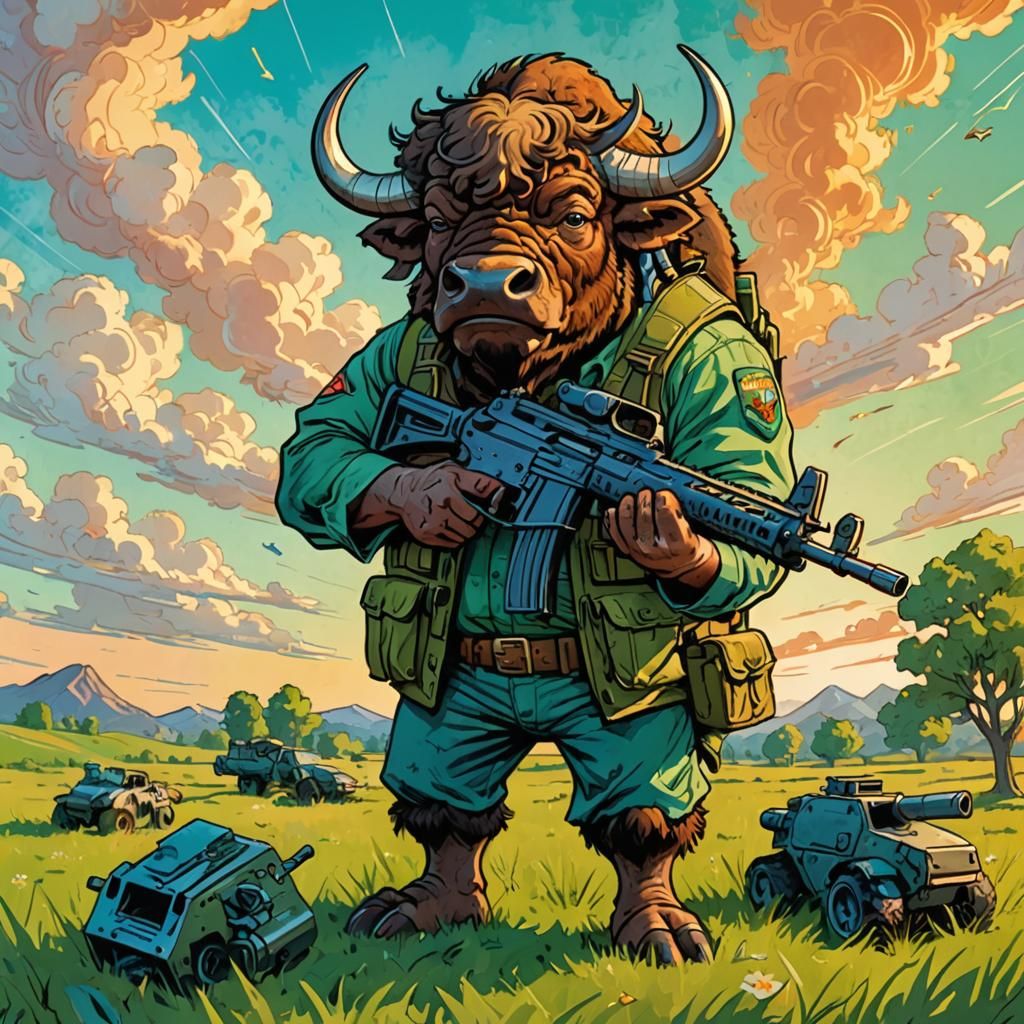Buffalo with Machine Gun in Cartoon Style