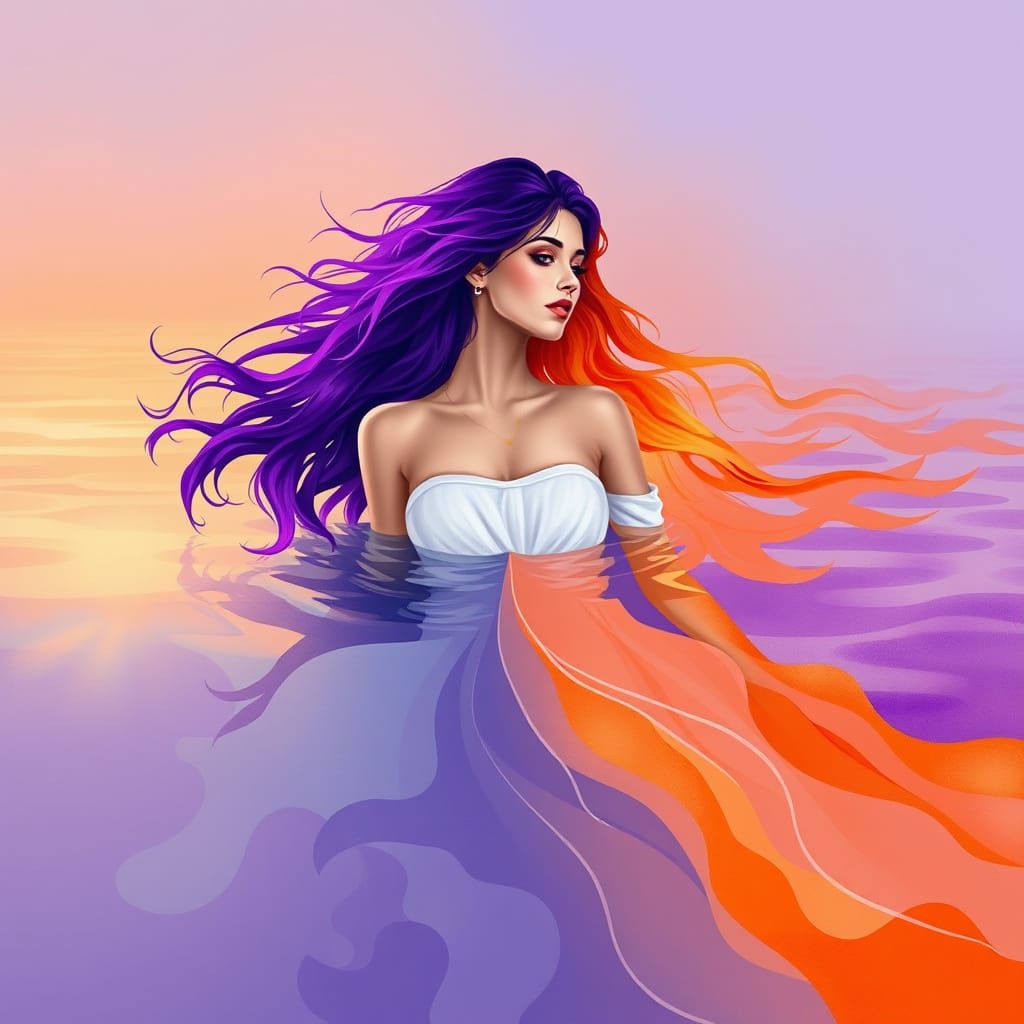 Surreal Goddess Emerges from Bicolor Sea in Digital Watercol...