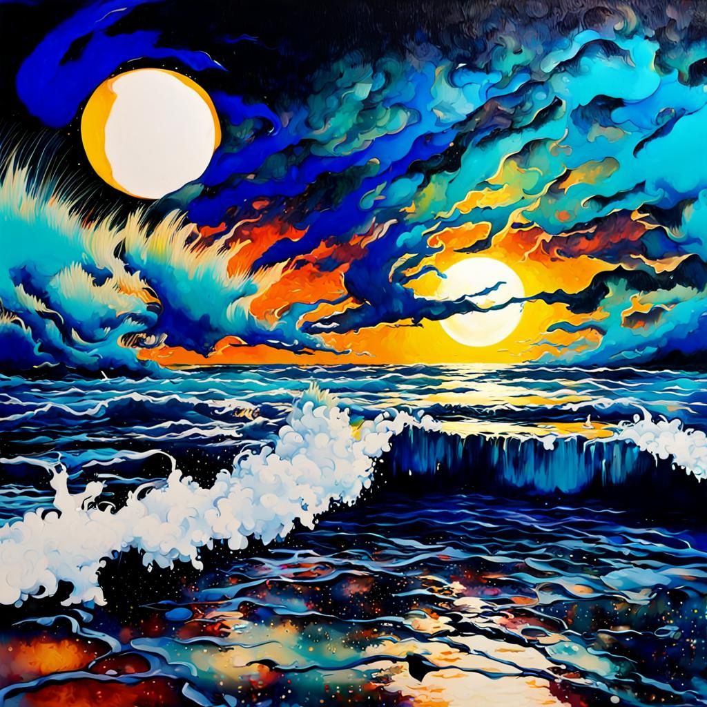 Bioluminescent Beach at Night in Polaroid Style