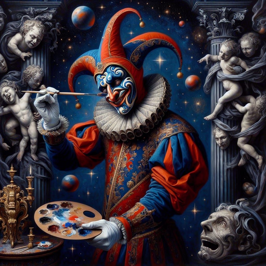 Jester Paints Face in Grotesque, Baroque Style