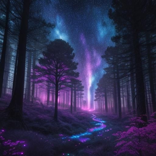 Cosmic Forest at Night in Mixed Media Style