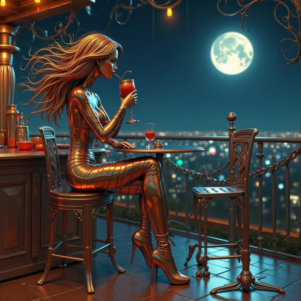 Woman in Metal Attire at Bar, Jerry Pinkney Style