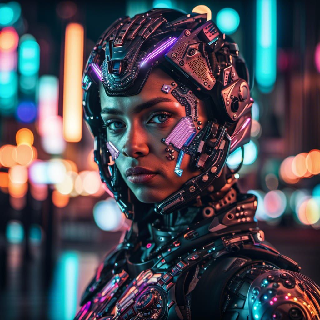 Cyborg Girl in Neon City: Hyperrealistic Portrait