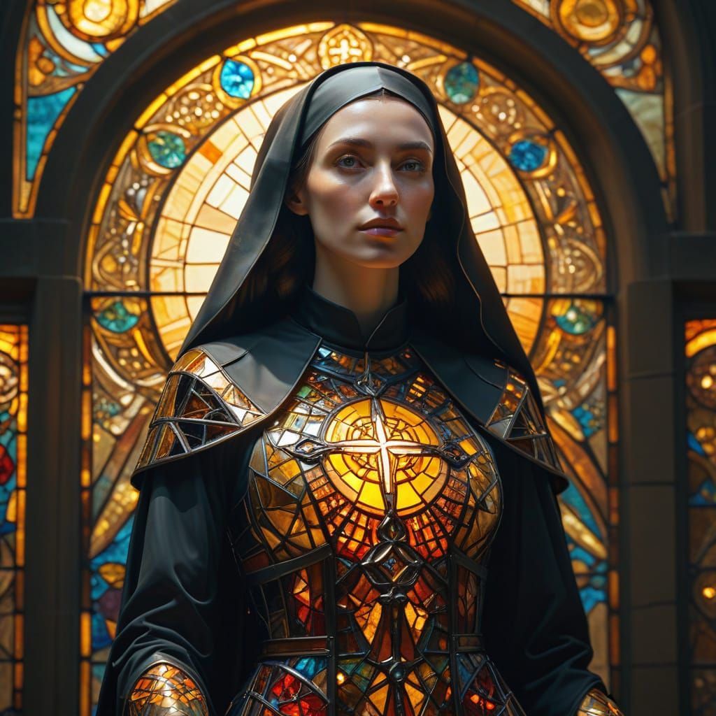 Sacred Geometry in Stained Glass: Close-Up Portrait of a Nun