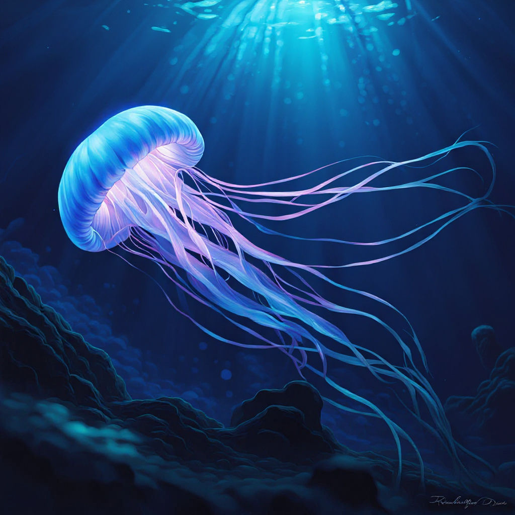 Bioluminescent Jellyfish in Deep Sea Trench: Hyperrealistic ...