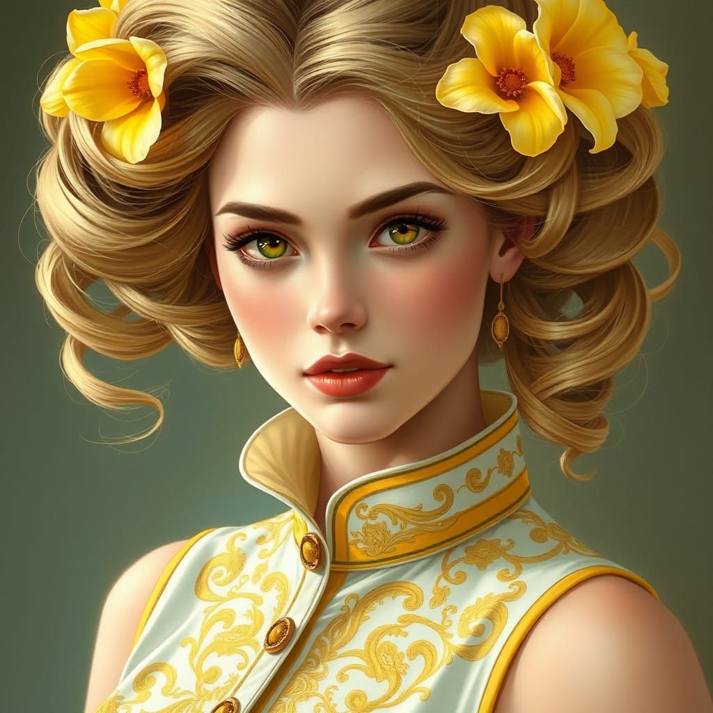 Ethereal Woman with Flowers in Art Nouveau Style