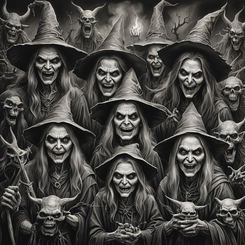 Hyperdetailed Charcoal Drawing of Evil Witches