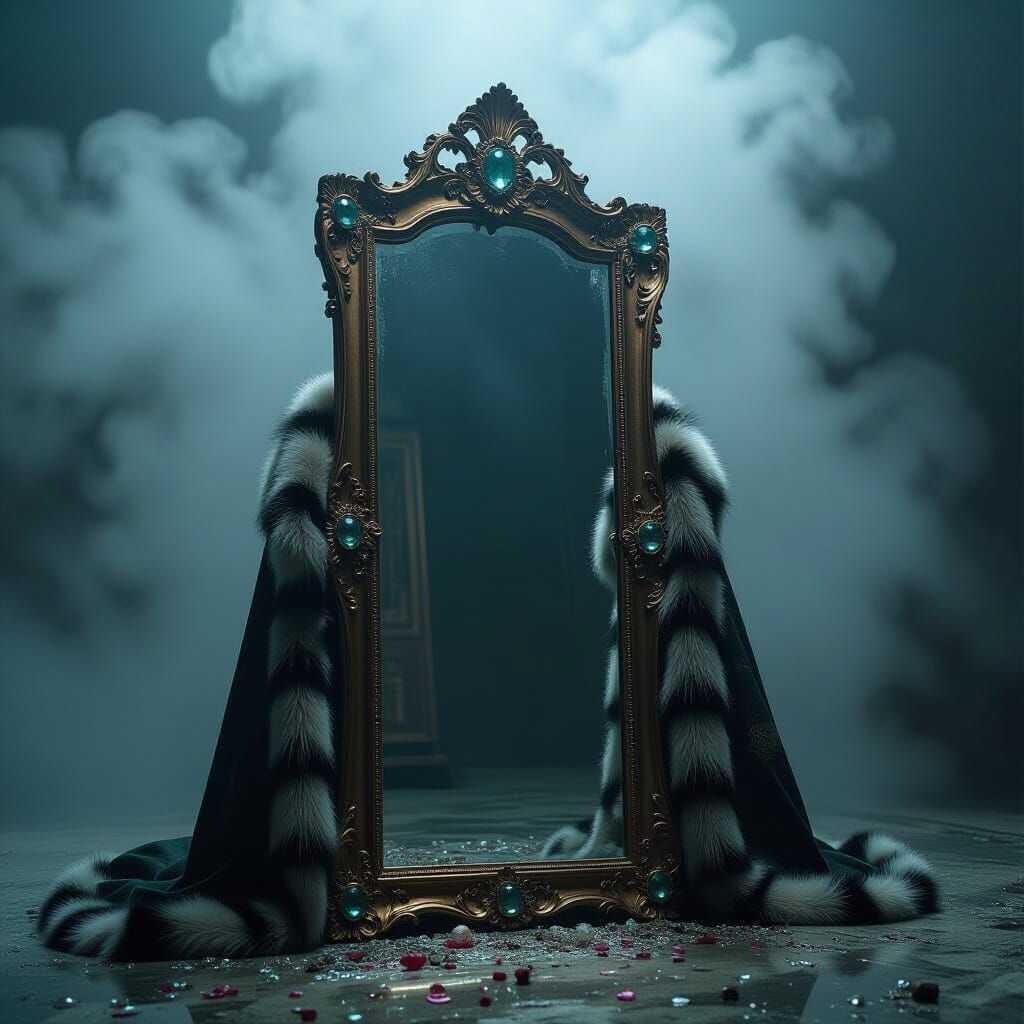 Antique Mirror Adorned with Jewels in Smoky Room