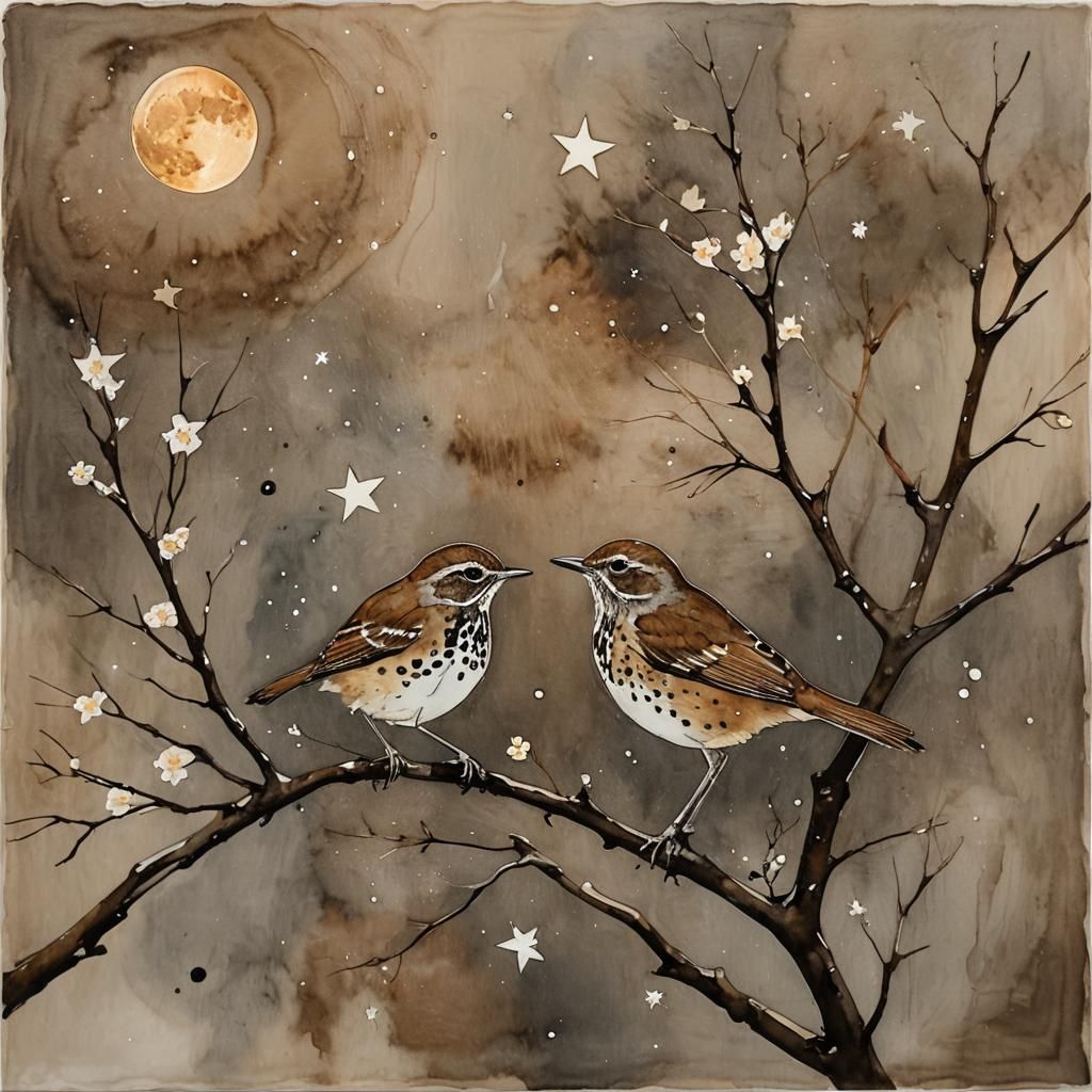 Minimalist Watercolor: Wood Thrush Under Moonlight