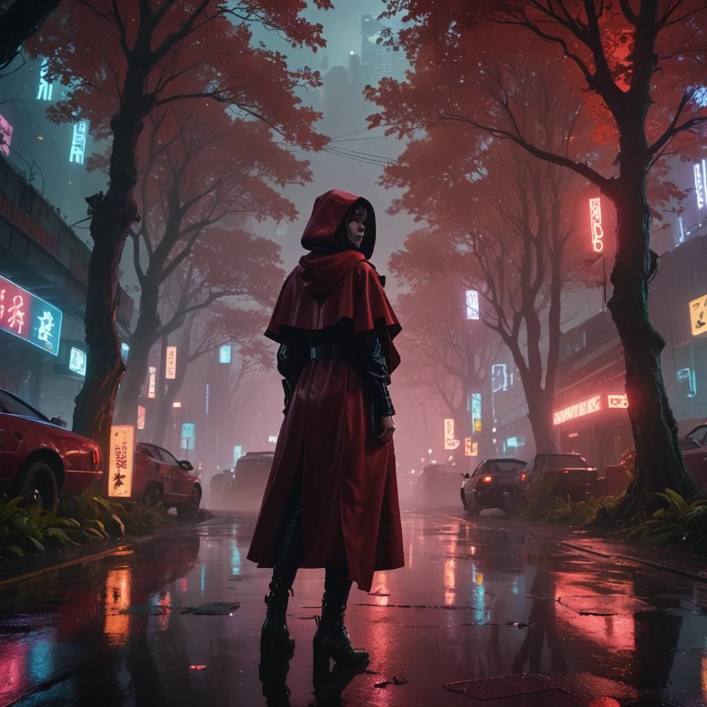 Neon Forest Girl in Red Cloak: Cyberpunk Noir