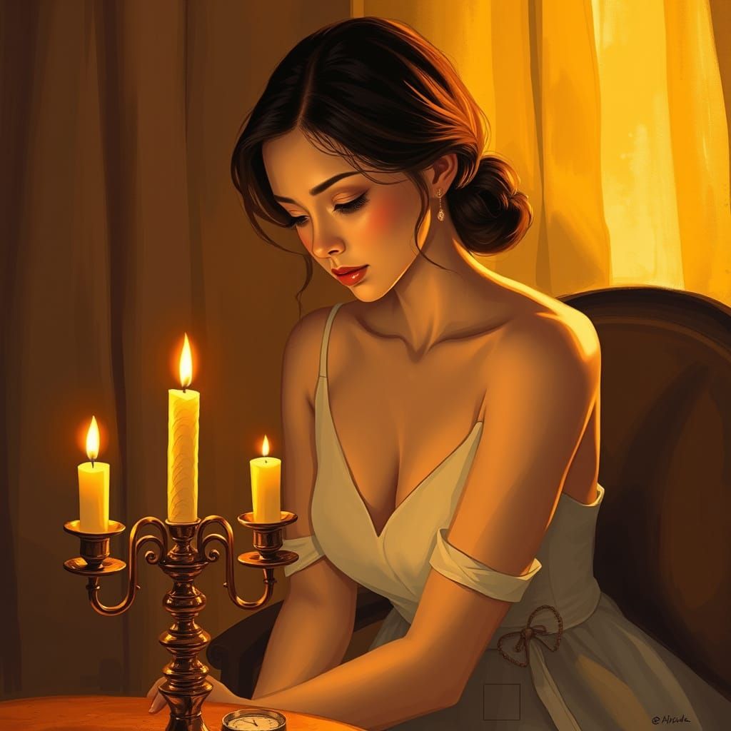 Gentle Woman Admires Elegant Candelabra in Warm, Golden Ligh...