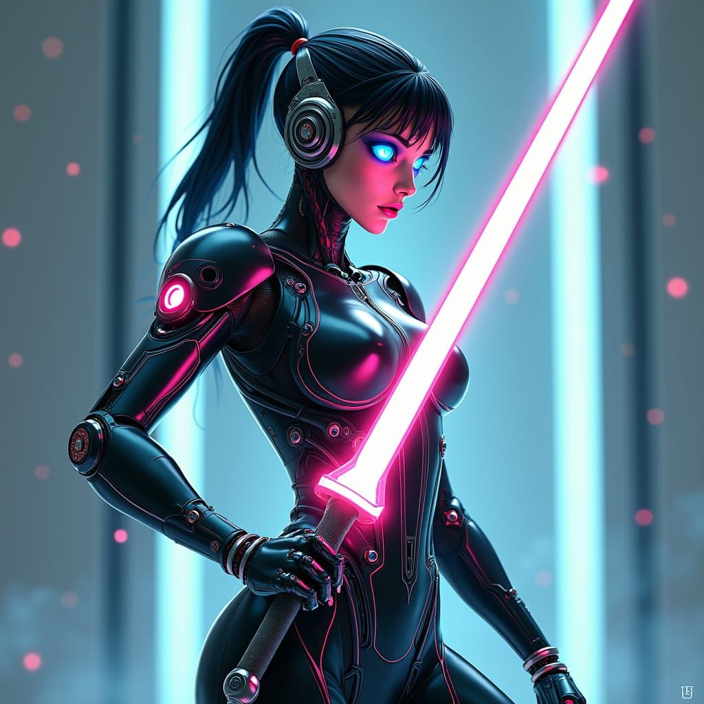 Cyberpunk Warrior Robot in Neon-Lit Defense Stance