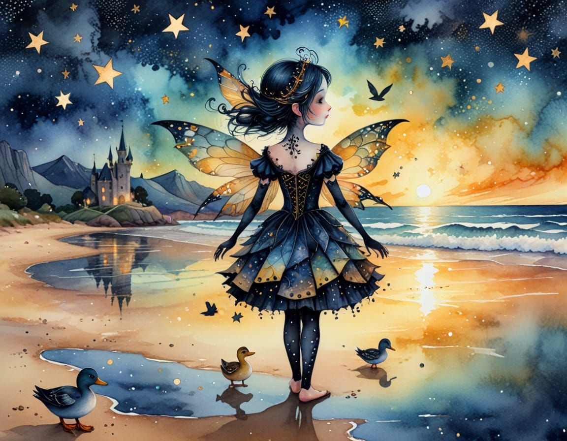Gothic Fairy on a Beach in Watercolor Style
