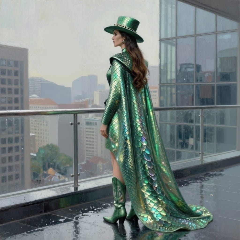 Elegant Woman in Holographic Cape on Rainy Terrace with City...