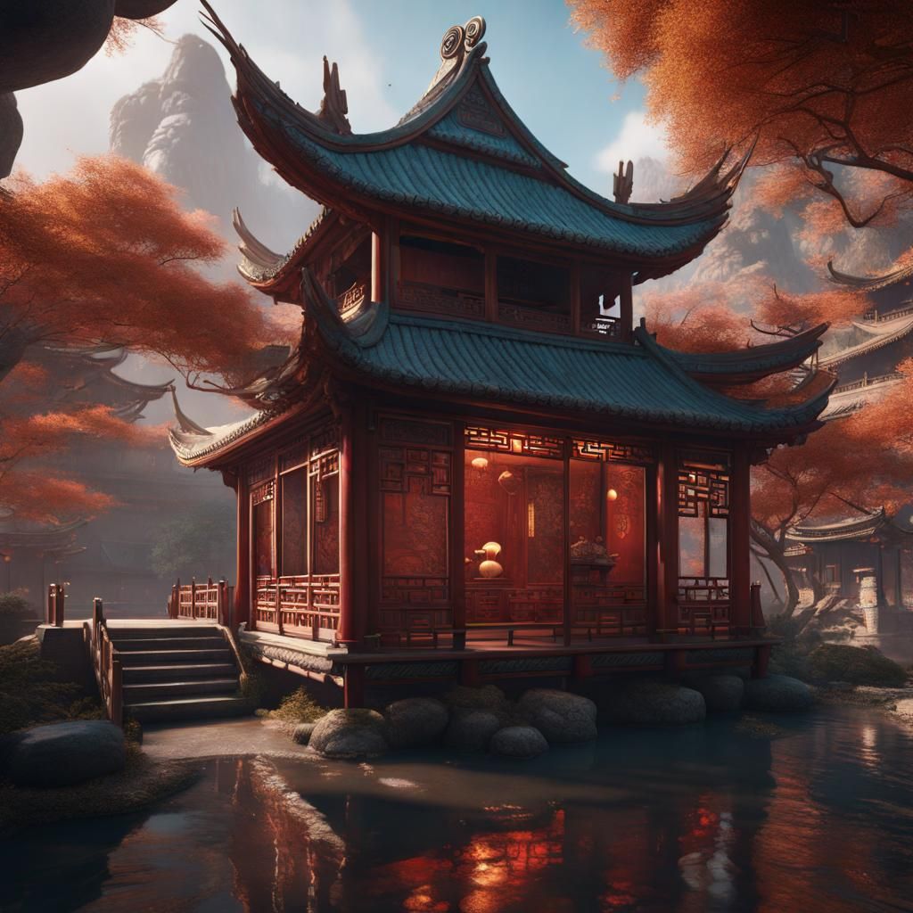 Ancient Chinese Tea House in Detailed Matte Painting