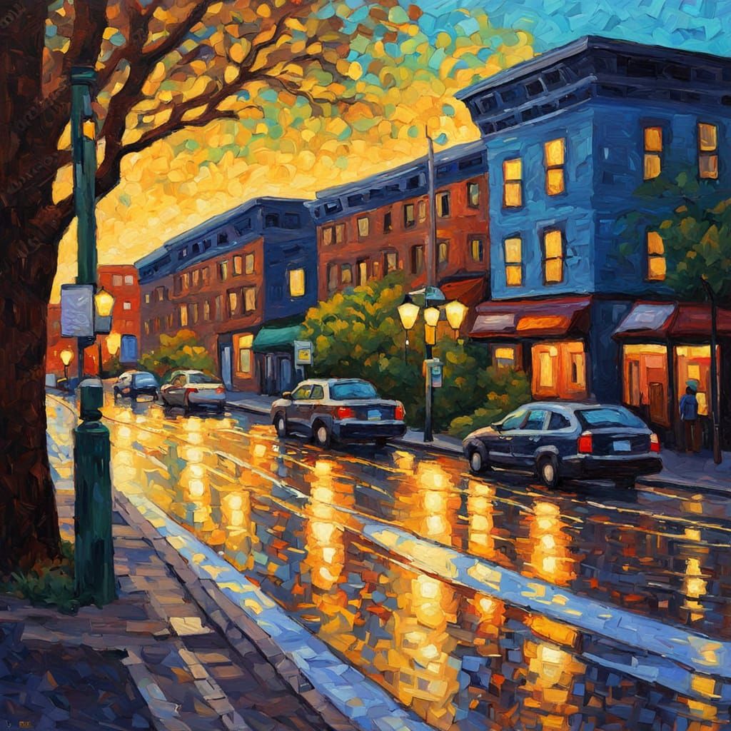 Neo-Impressionist Portland Street Scene With Vibrant Colors