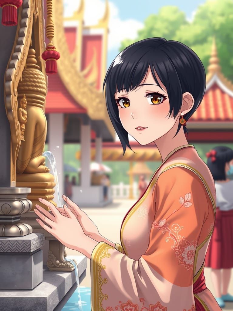 Thai New Year Celebrant Visits Temple with Devotion