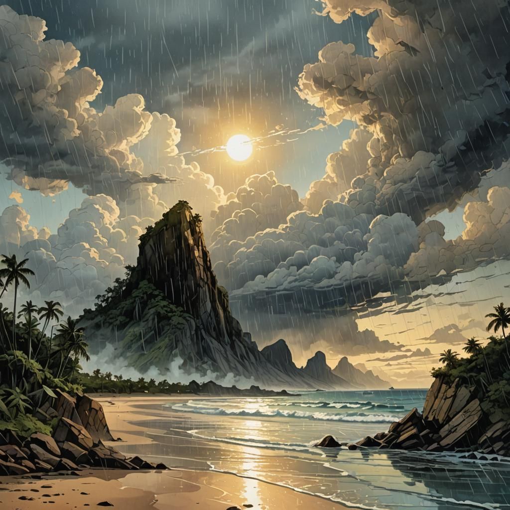 Sunset Beach with Rain and Intricate Clouds