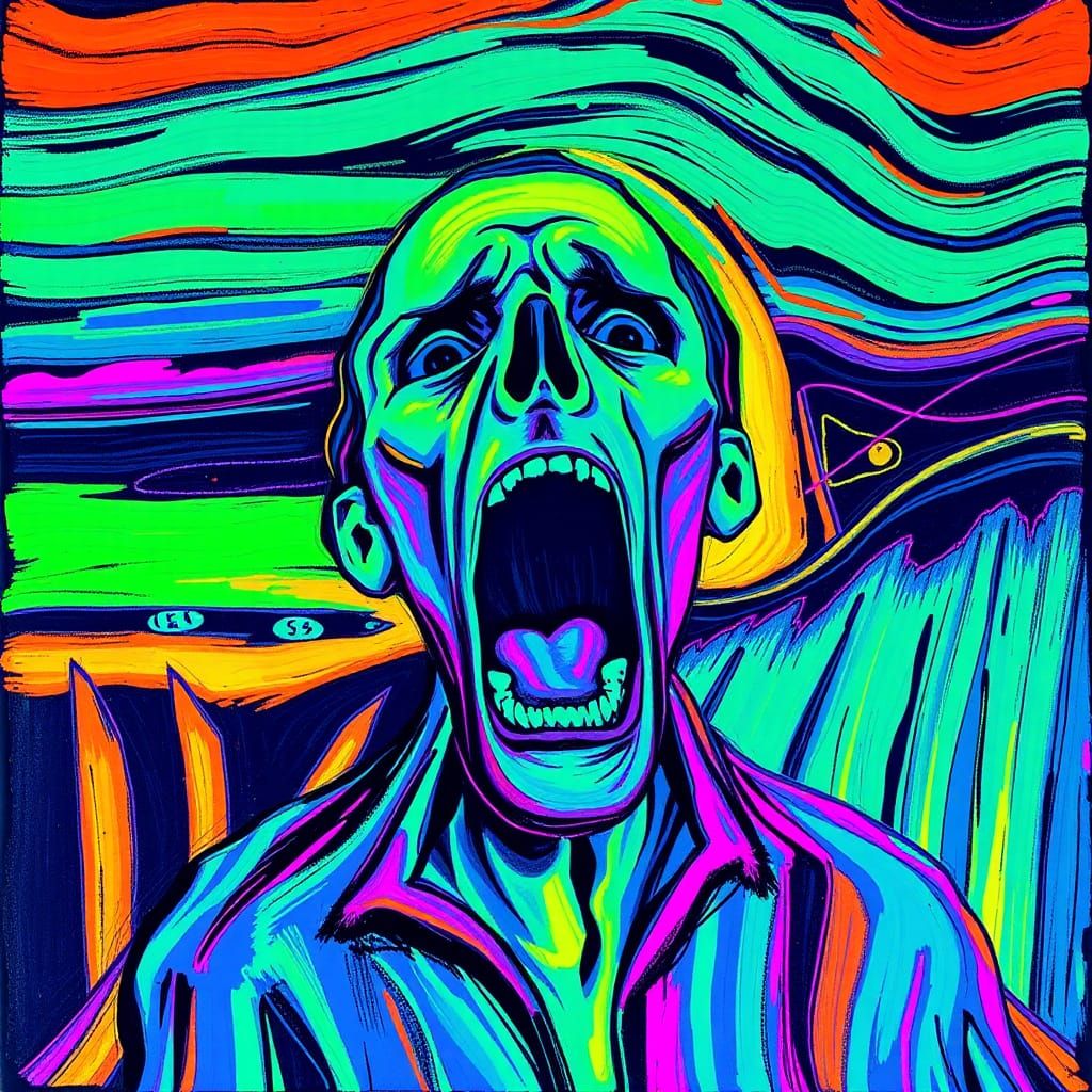 Vibrant Blacklight Painting of The Scream in Lisa Frank Styl...