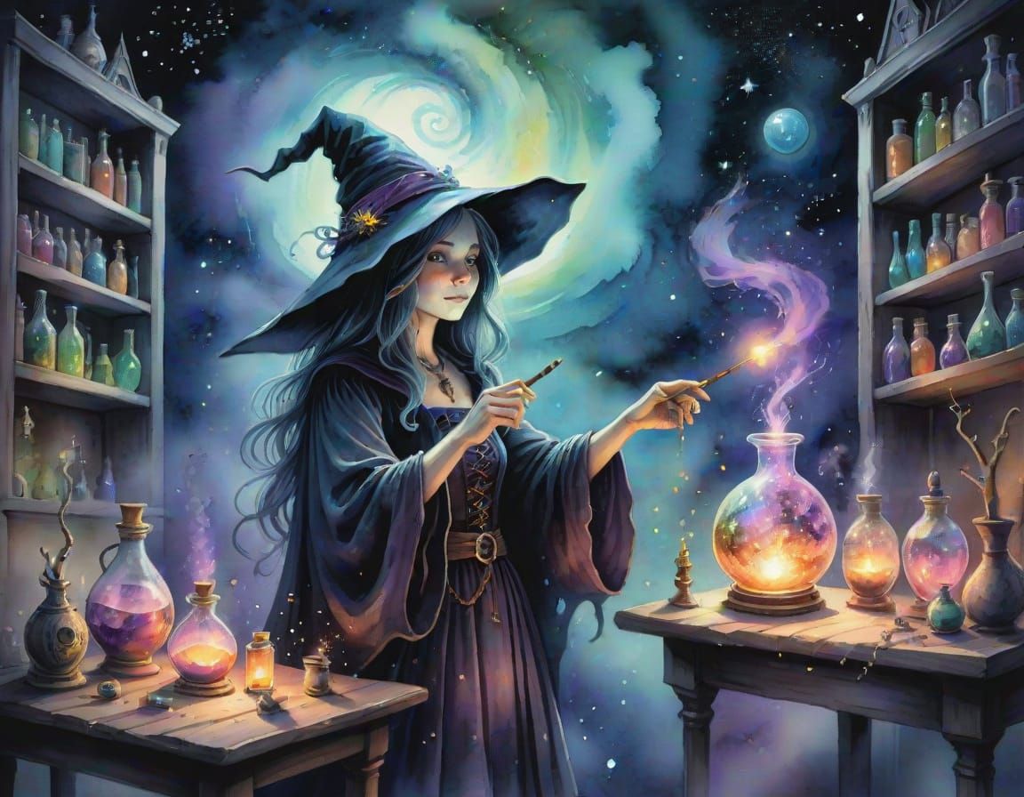 Witch Casts Spell on Glowing Potion Vial in Dark, Moody Wate...
