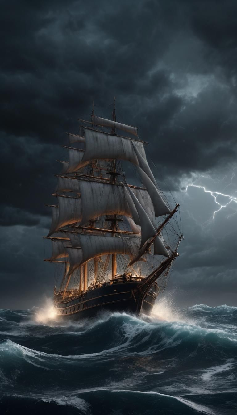 Frigate Sailing Stormy Seas with Saint Elmo's Fire
