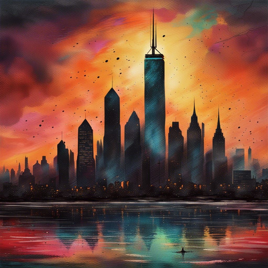 Cityscape at Sunset with Alien Figure in Splash Art