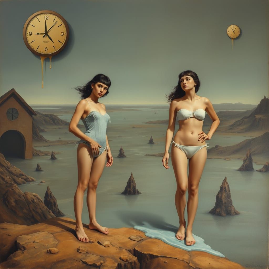 Bathing Beauties in Surreal, Desolate Landscape as Oil Paint...