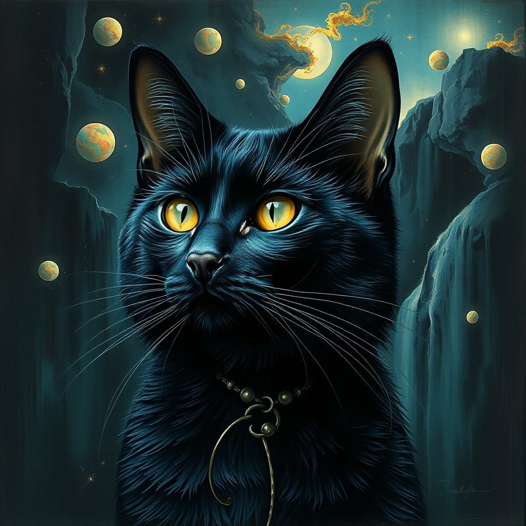 Surrealist Female Portrait with Black Cat in Negative Space