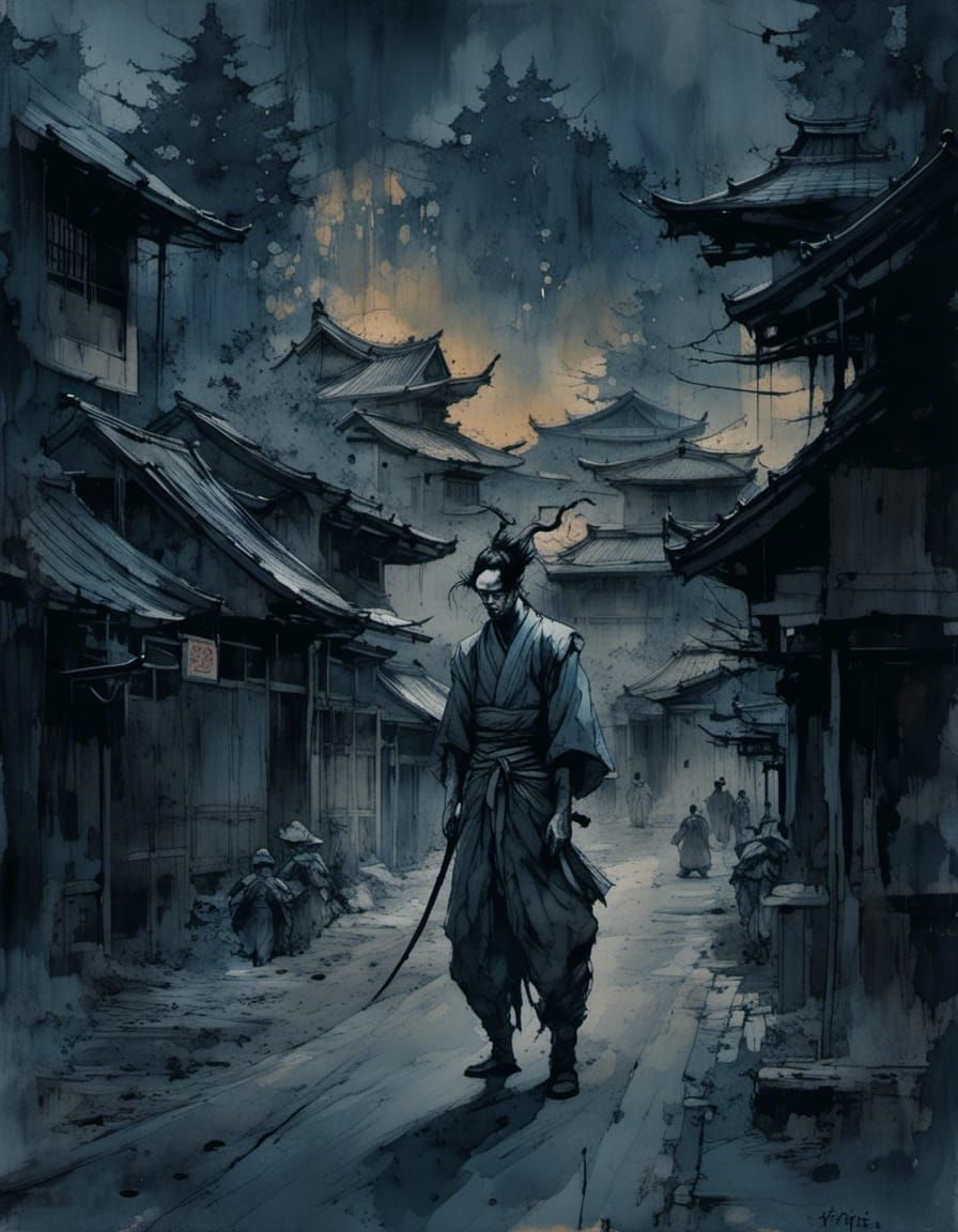 Lonely Samurai in Old Japanese City, Film Noir Style