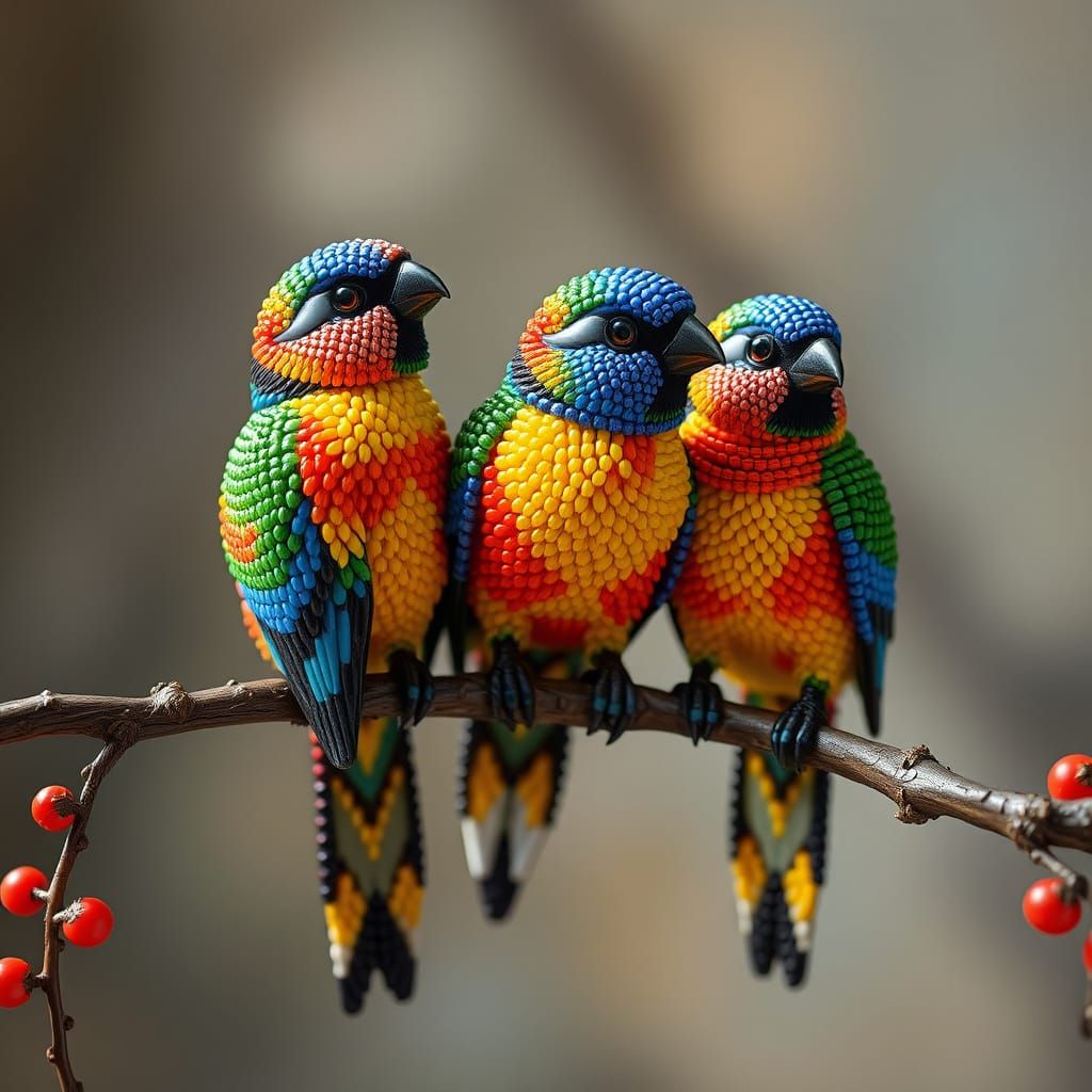 Colorful Seed Bead Birds on Branch, Art Nouveau Style