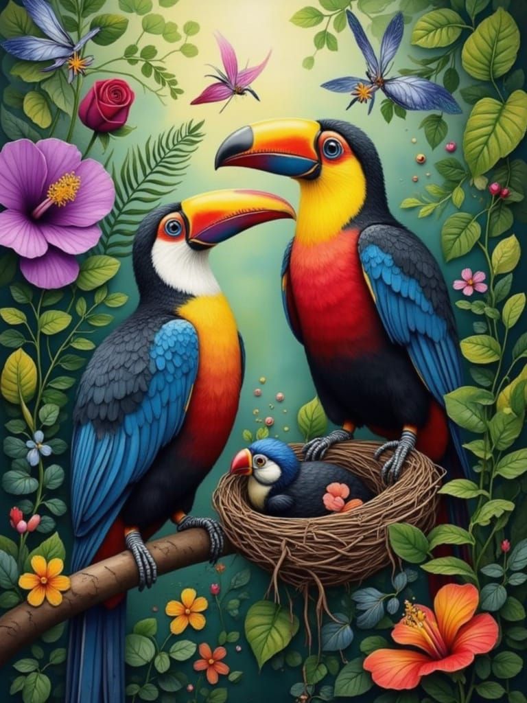 Surreal Jungle Scene with Colorful Toucans and Exotic Blooms