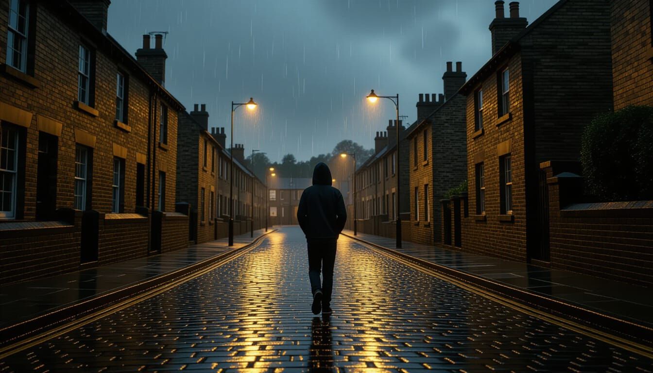 Lone Figure in Rainy English Town at Night