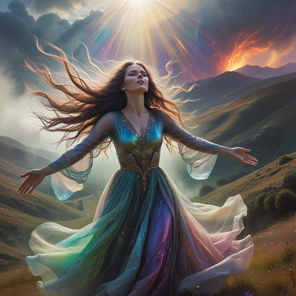 Woman in Rapturous Prayer, Surrounded by Ethereal Magic