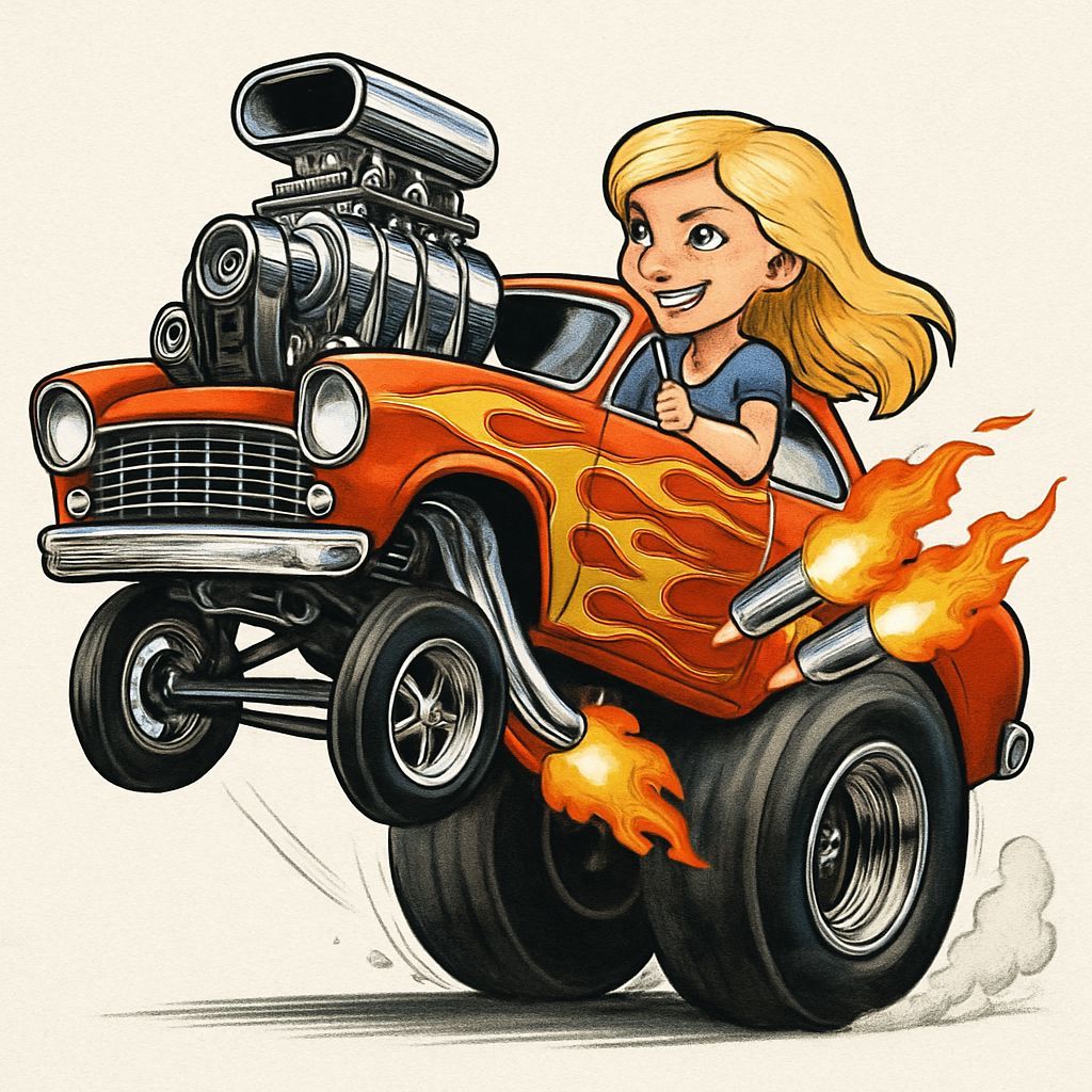 Cartoon Gasser Dragster Wheelie with Flames