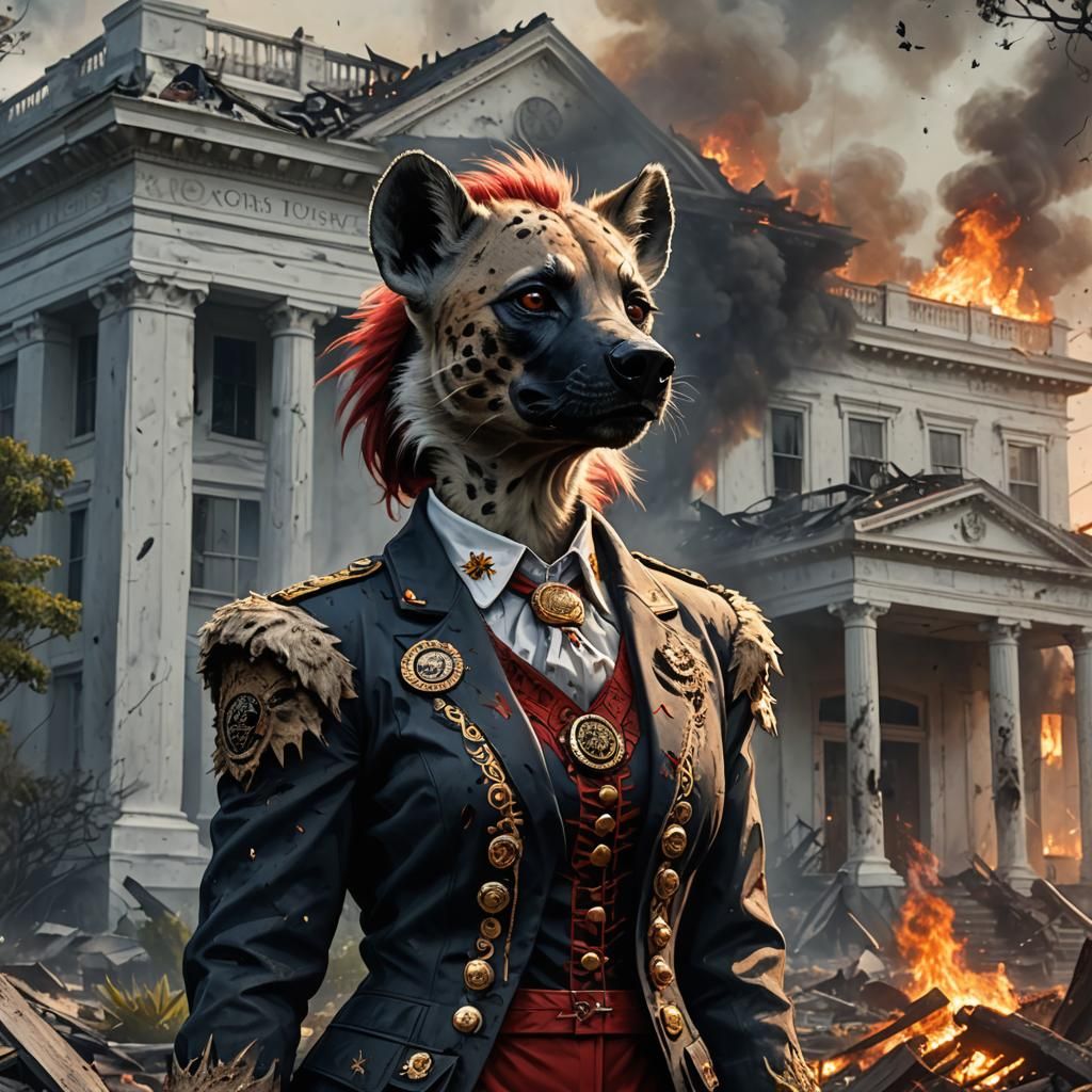 Hyena President in Destroyed White House, Digital Art
