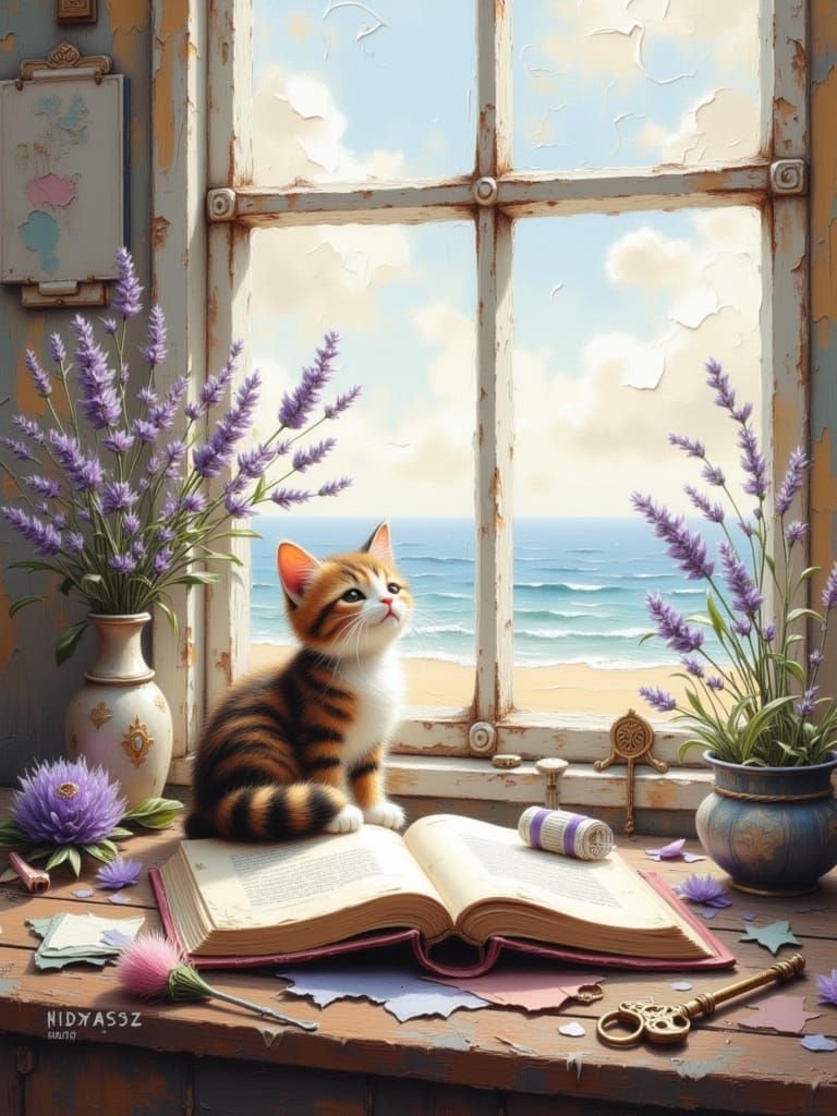 Vintage Desk with Kitten and Beach View