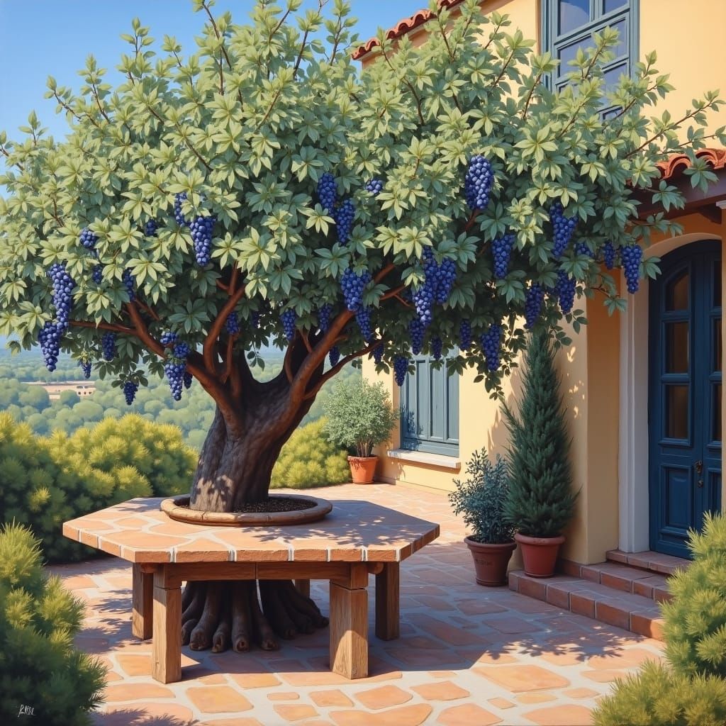 Grapes and Olives: Oil Painting of a House