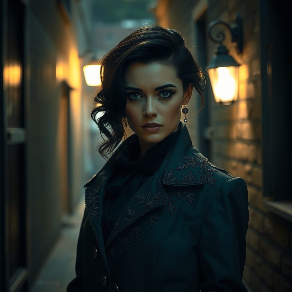 Elegant Woman in Moody Alleyway