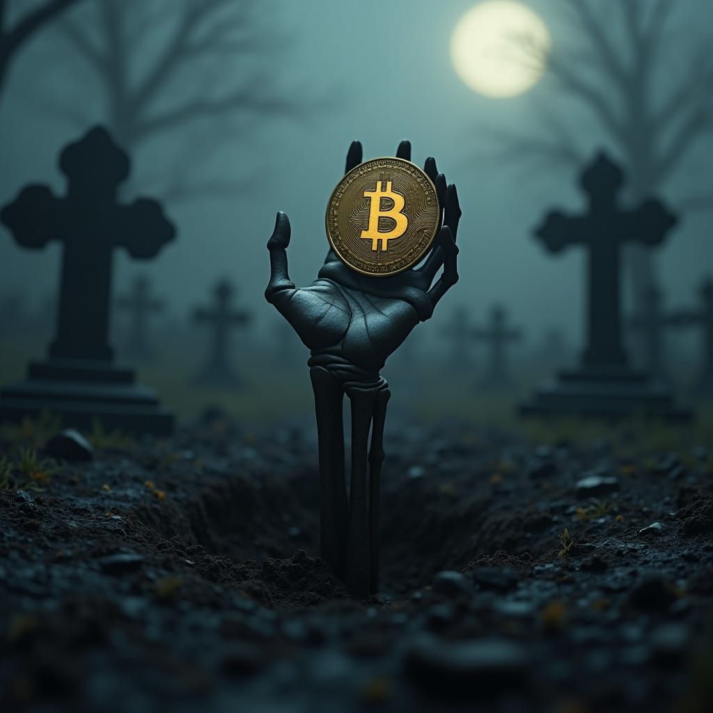 Surreal Bitcoin Hand Emerges from Graveyard