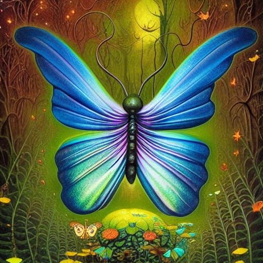 Iridescent Butterfly in Magical Night Forest