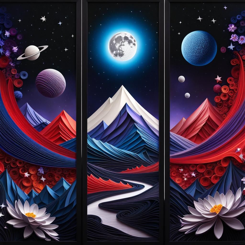 Cosmic Mountains Triptych in Digital Art Style