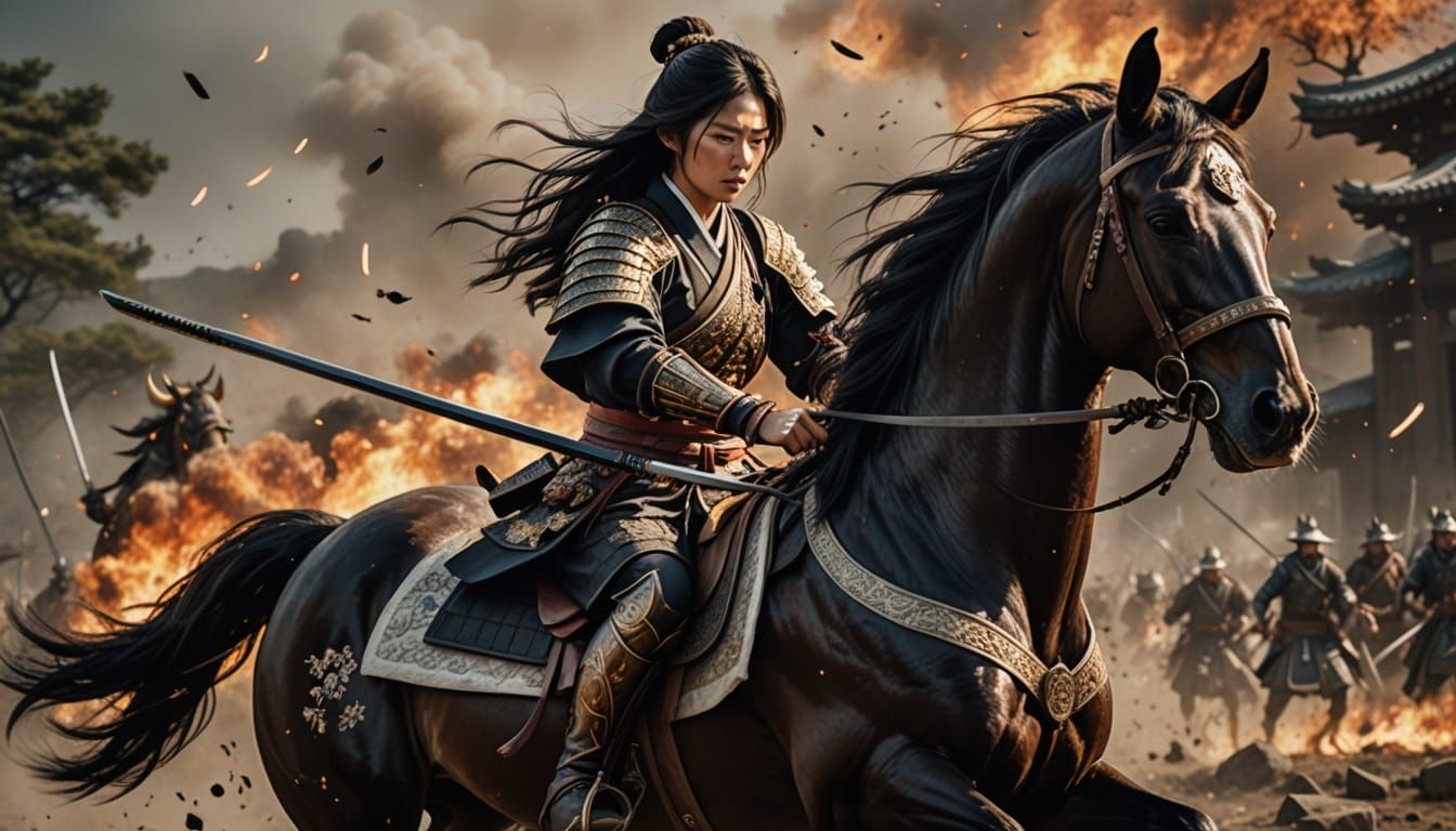 Japanese Samurai Woman on Horseback in Epic Battlefield