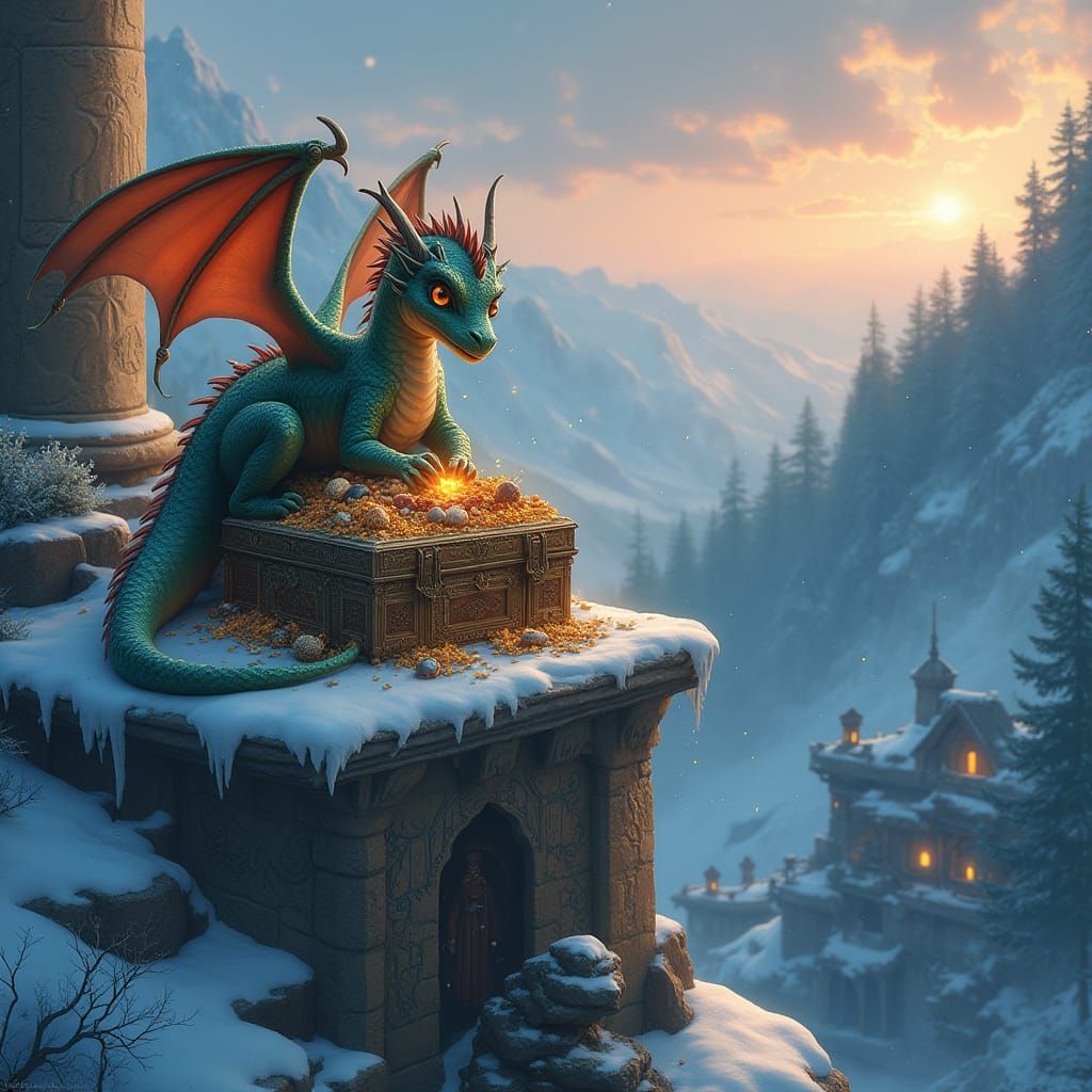 Ethereal Dragon Adorns Ruined Temple in Snowy Landscape