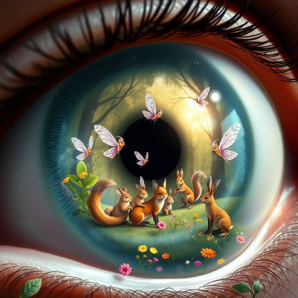 Hyper-Realistic Eye Peers into Whimsical Forest Wonderland