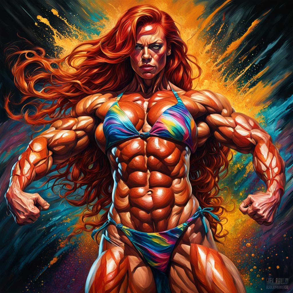 Fantasy Bodybuilder Flexing Massive Muscles: Oil Painting