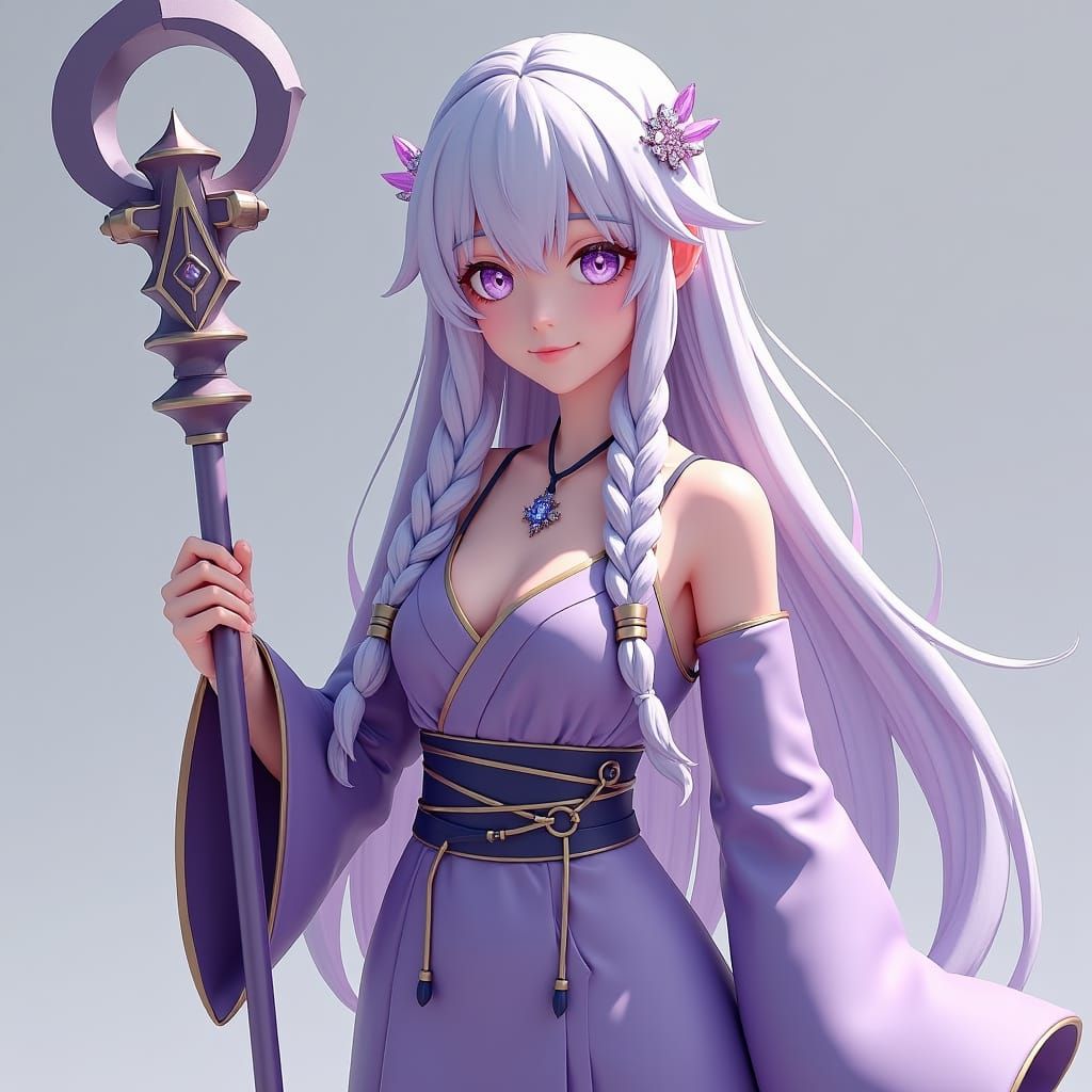 Elegant Lavender-skinned Monk with Silver Hair in 3D Anime A...