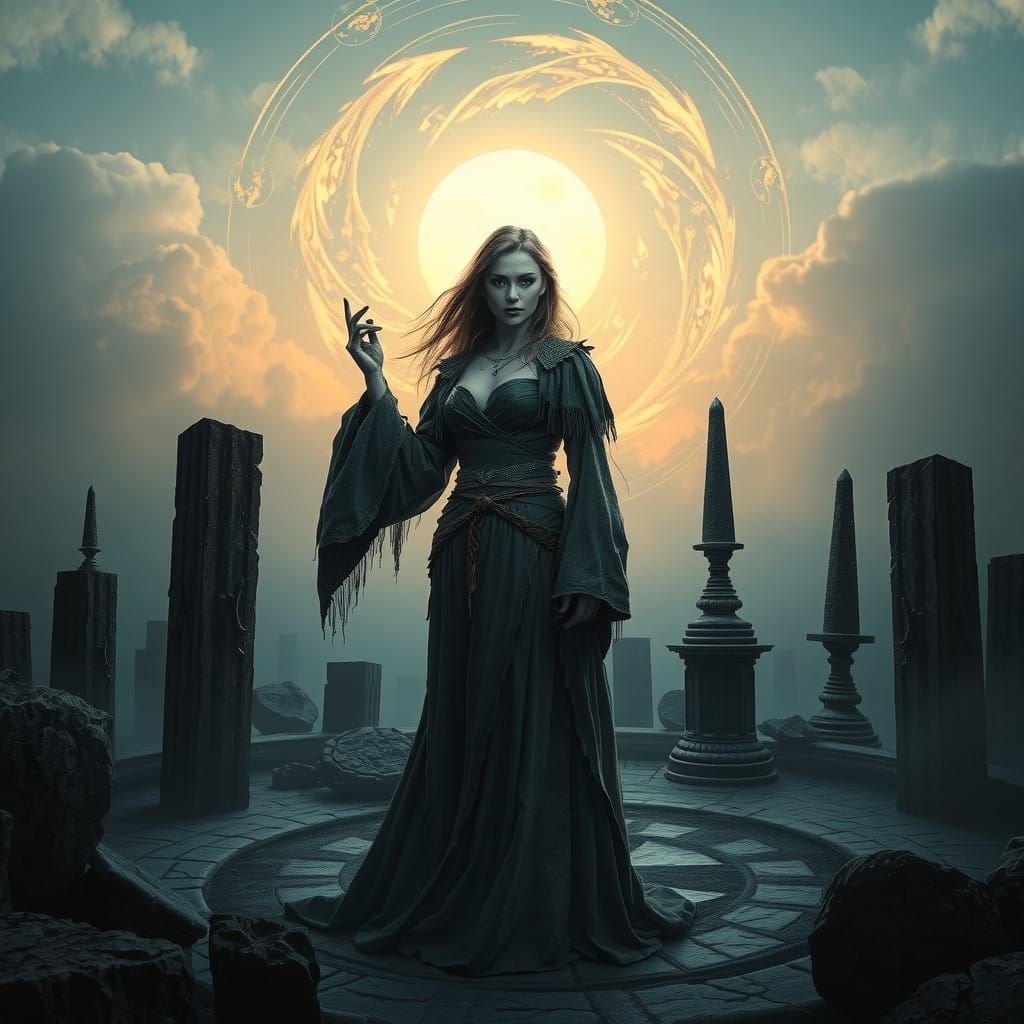 Mystical Female Priestess in Skyrim's Haunting Landscape