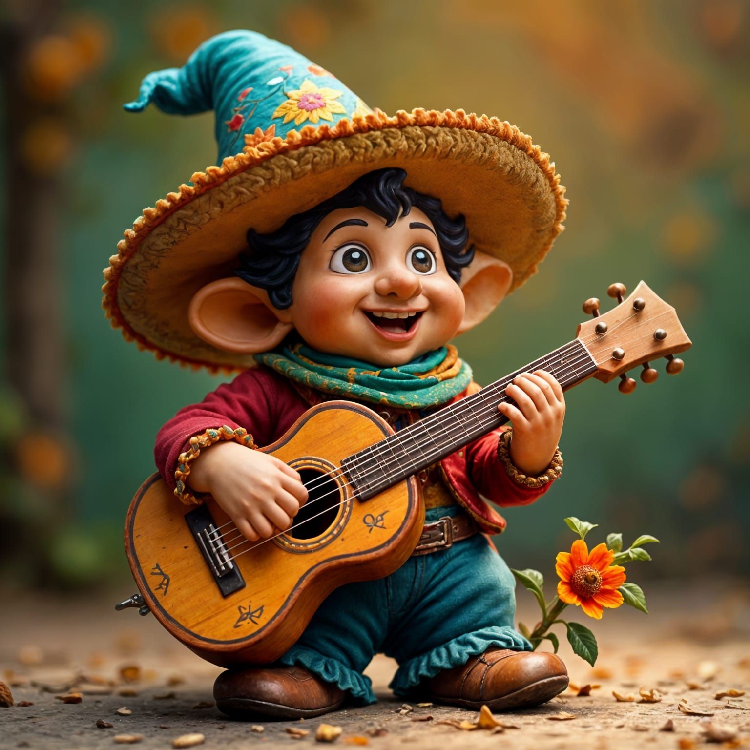 Whimsical Mexican Gnome Plays Guitar with Sombrero