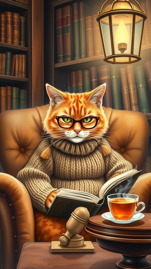 Cozy Library Scene with Anthropomorphic Orange Cat in Tradit...
