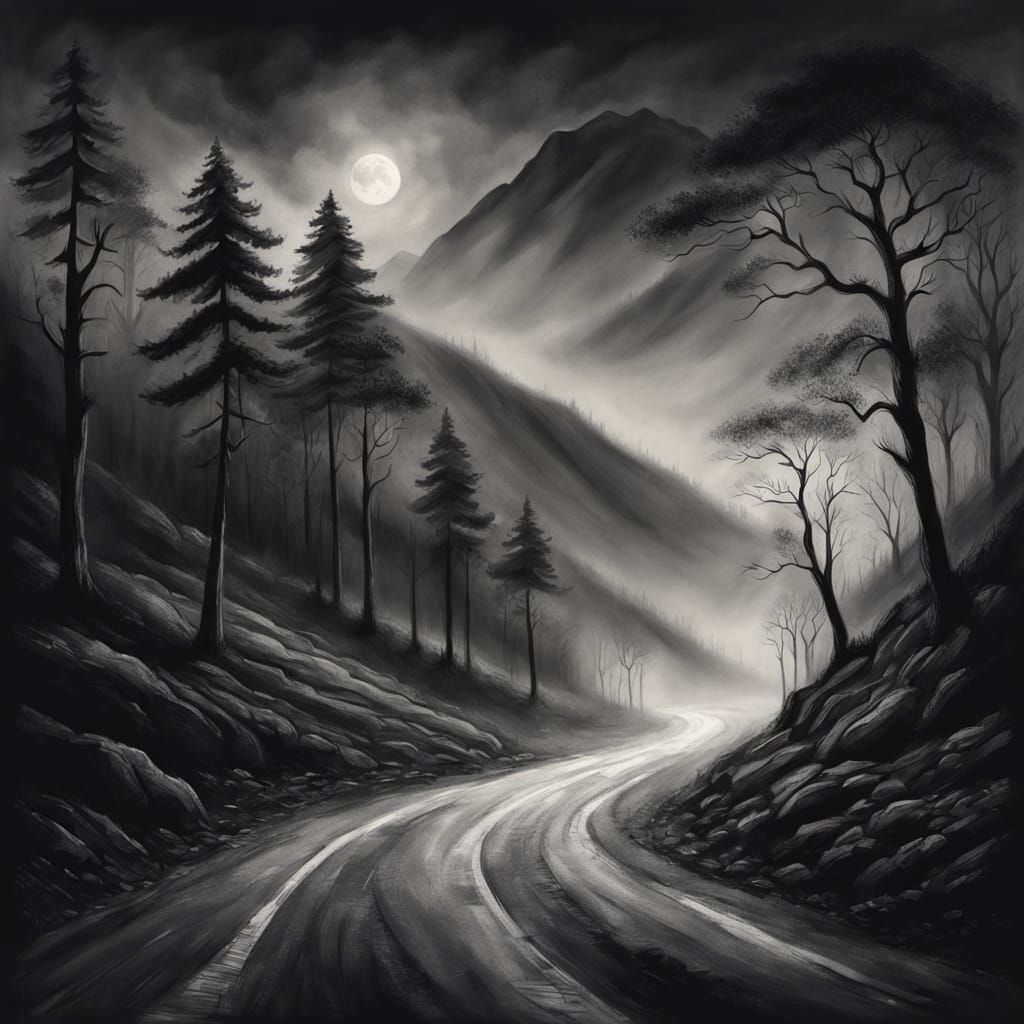 Moody Charcoal Drawing of a Mountain Road at Night
